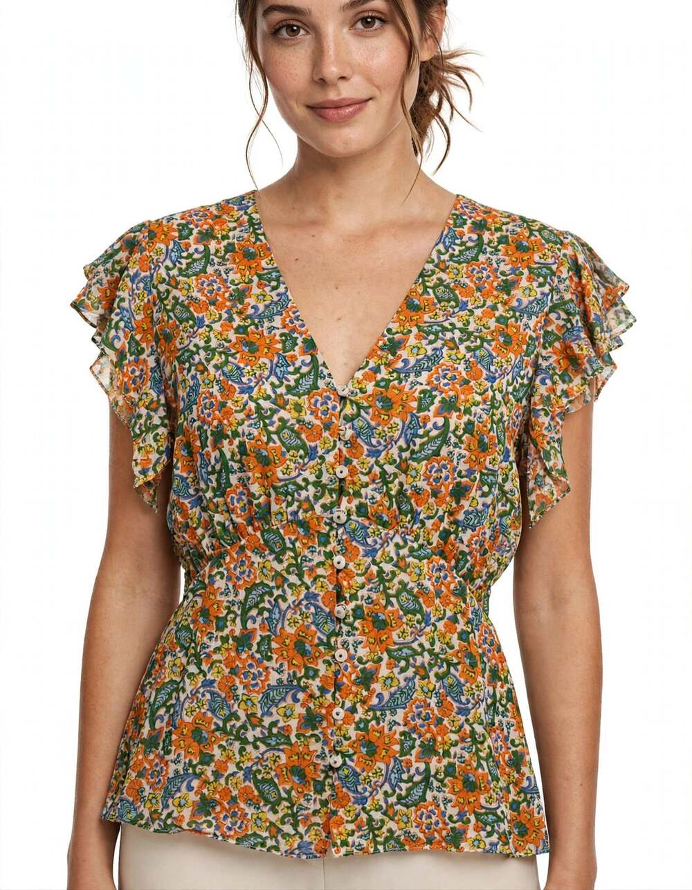 Veronica Beard Silk Top Floral Paisley Ruffle Flutter Sleeve Button Front 10